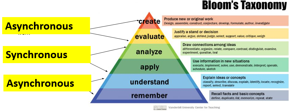 The Bloom Taxonomy Model is a pyramid of learning tasks.  From bottom to top are remember, understand, apply analyze, evaluate,   create.  We imagine synchronous activity to be most suited to the middle layers:  apply and analyze.