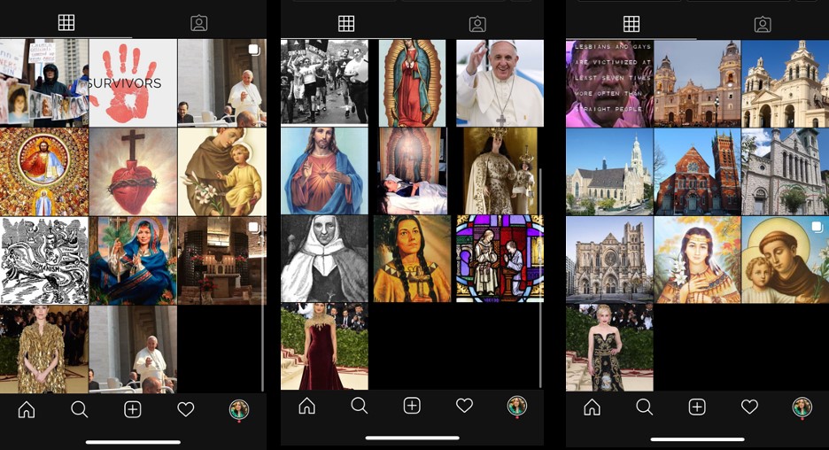Three Instagram profiles with colorful images of churches, paintings, and saints