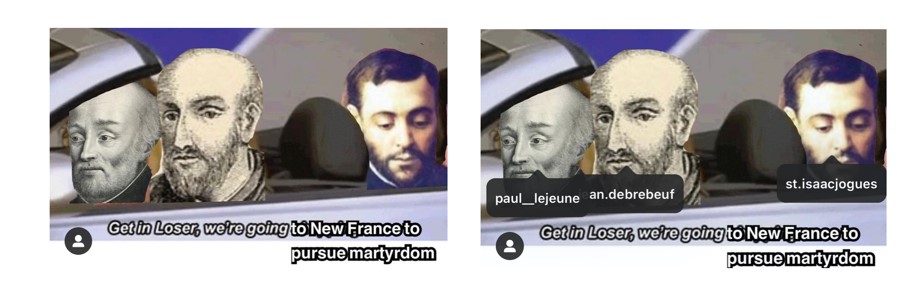 Three men sitting in a car with text: “get in loser we’re going to New France to pursue martyrdom”