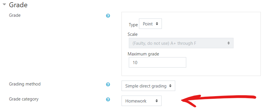 in the settings for an activity, in the Grade group, select the appropriate category from the drop down menu