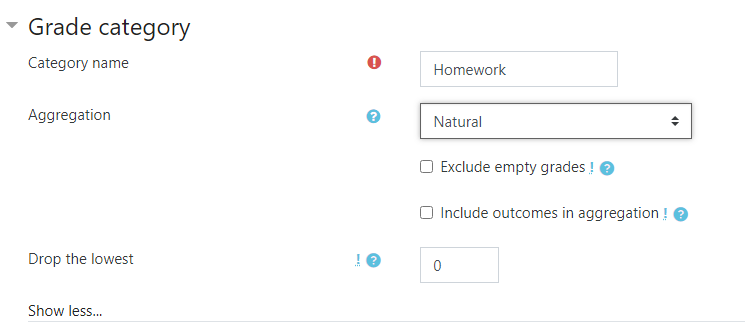 enter the category name and select natural aggregation.  under show more,  uncheck the exclude empty grades checkbox