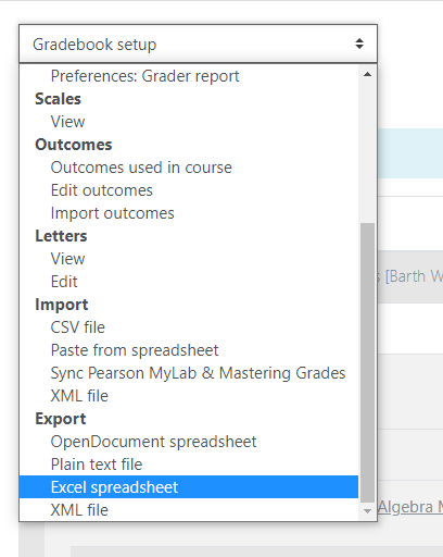 Select Excel spreadsheet in the Gradebook setup drop down menu