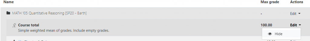 Select Edit and Hide for Course Total